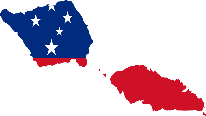 Map of the two islands of Samoa in national flag colours